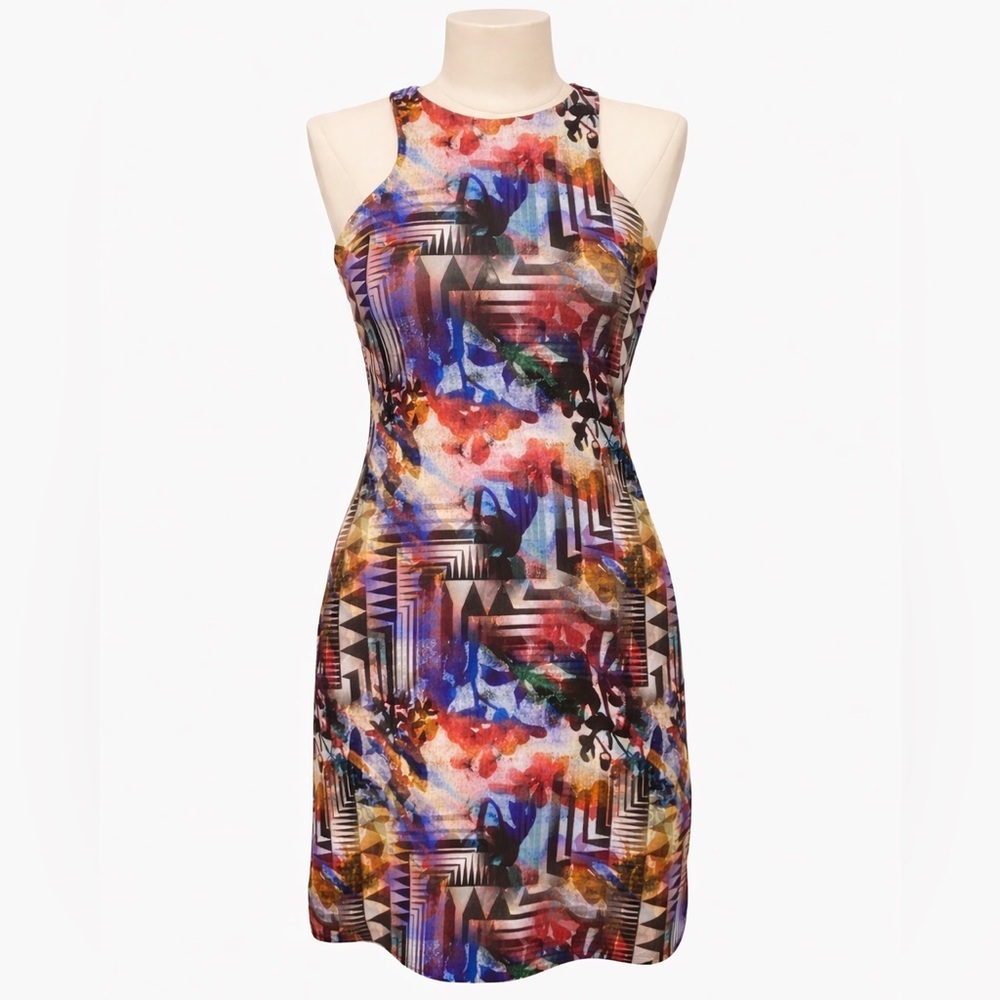 LIVE! Brazil Bodycon Dress Small Multicolor Abstract Print Sleeveless Zip Back